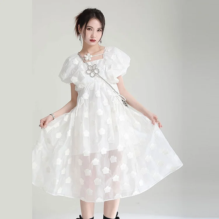 Chic Loose Square Collar Flower Patchwork Back Hollow Out Puff Sleeve Mesh Dress     