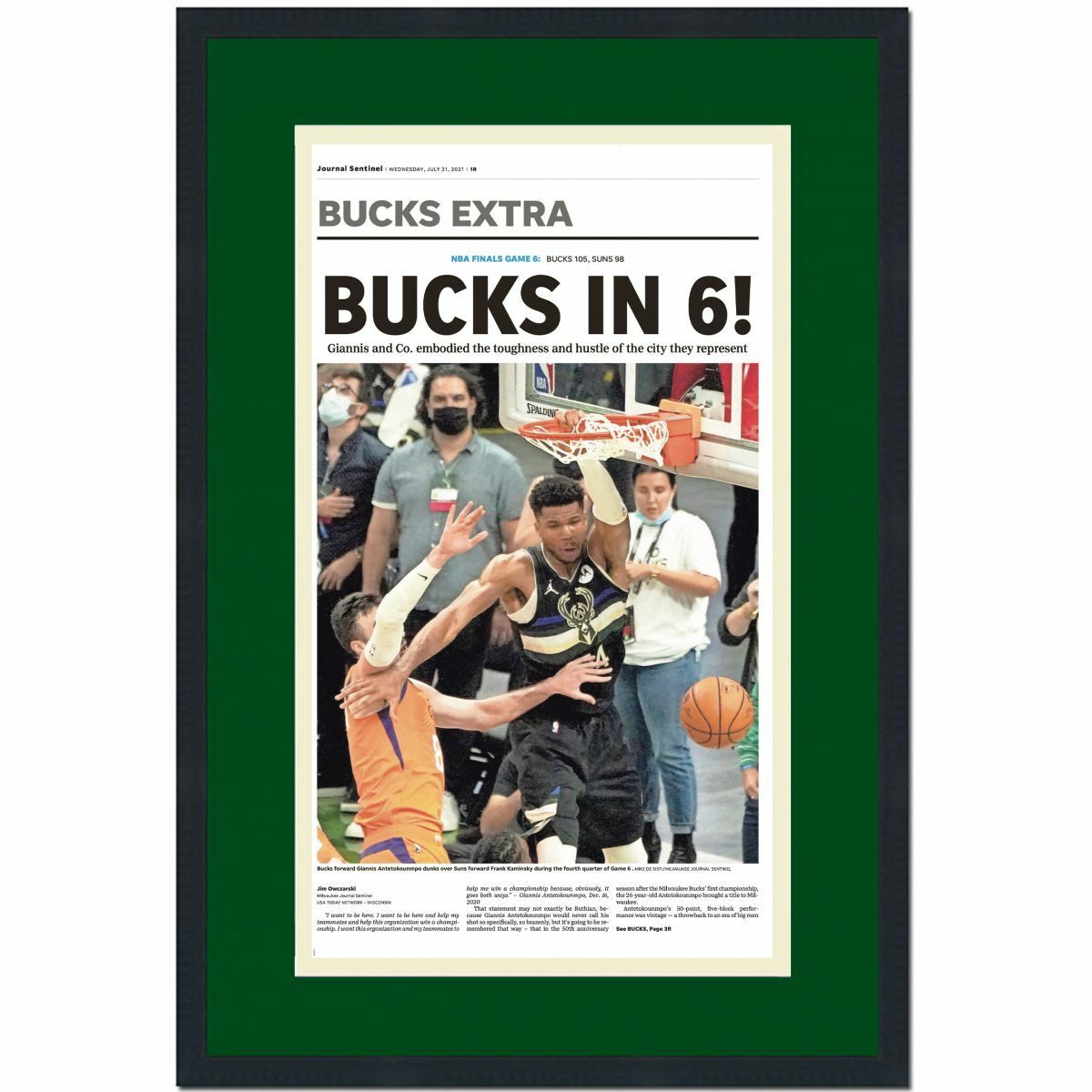 Framed Milwaukee Journal Sentinel 2021 Bucks Champions Newspaper 17x27 Photo Poster painting #3