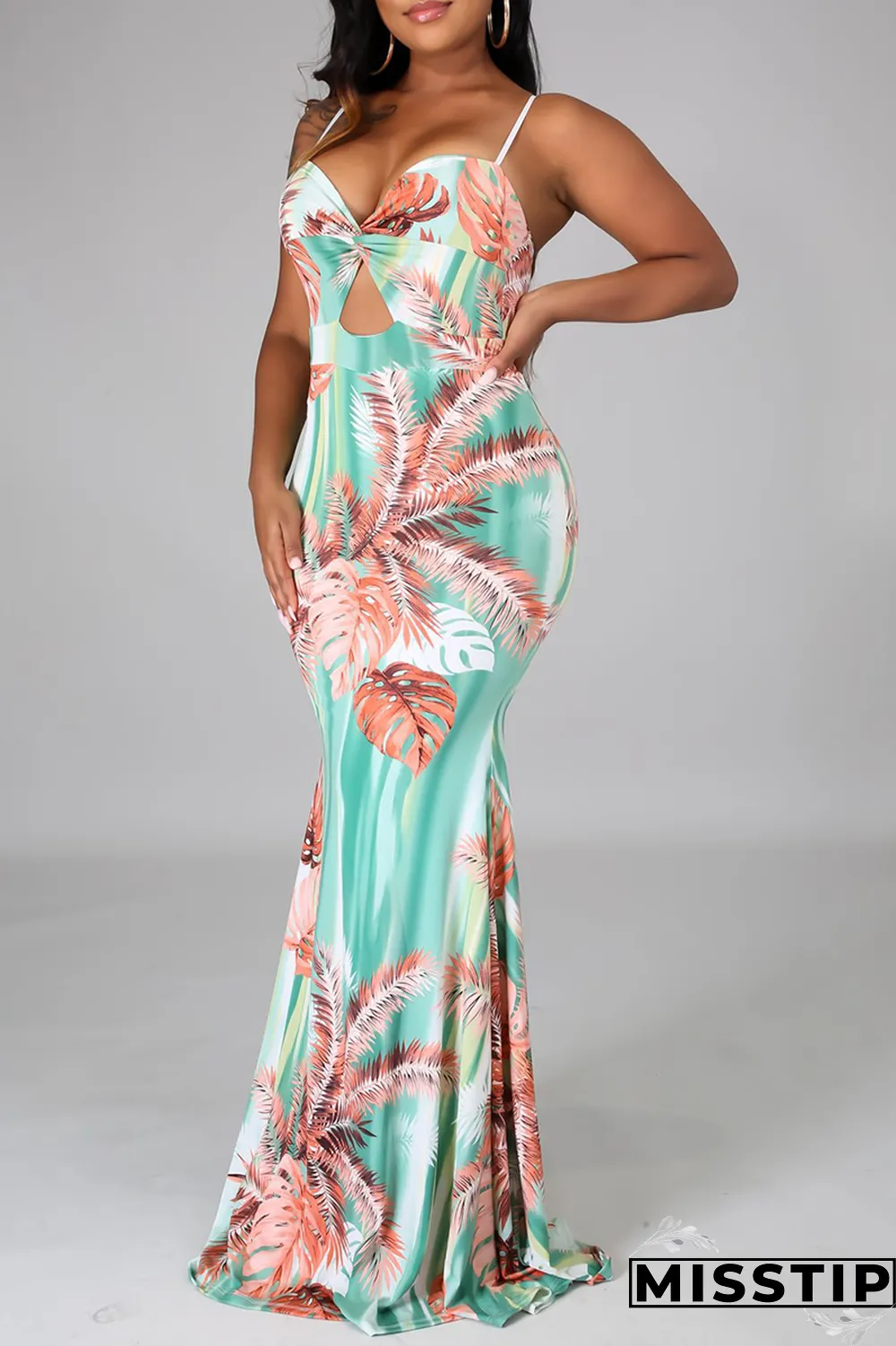 Blue Sexy Print Hollowed Out Spaghetti Strap Trumpet Mermaid Dresses