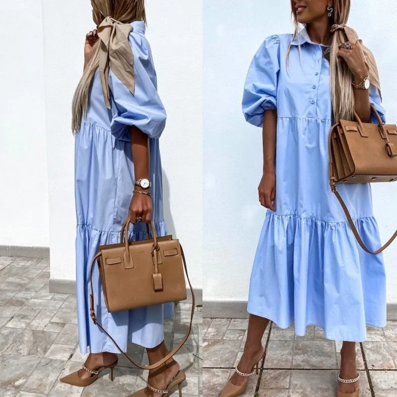 Summer Dress Loose Women Party Dresses Sexy Turn-down Collar Button Office Lady Robes Retro Half Sleeve Long Dress Robe Femme