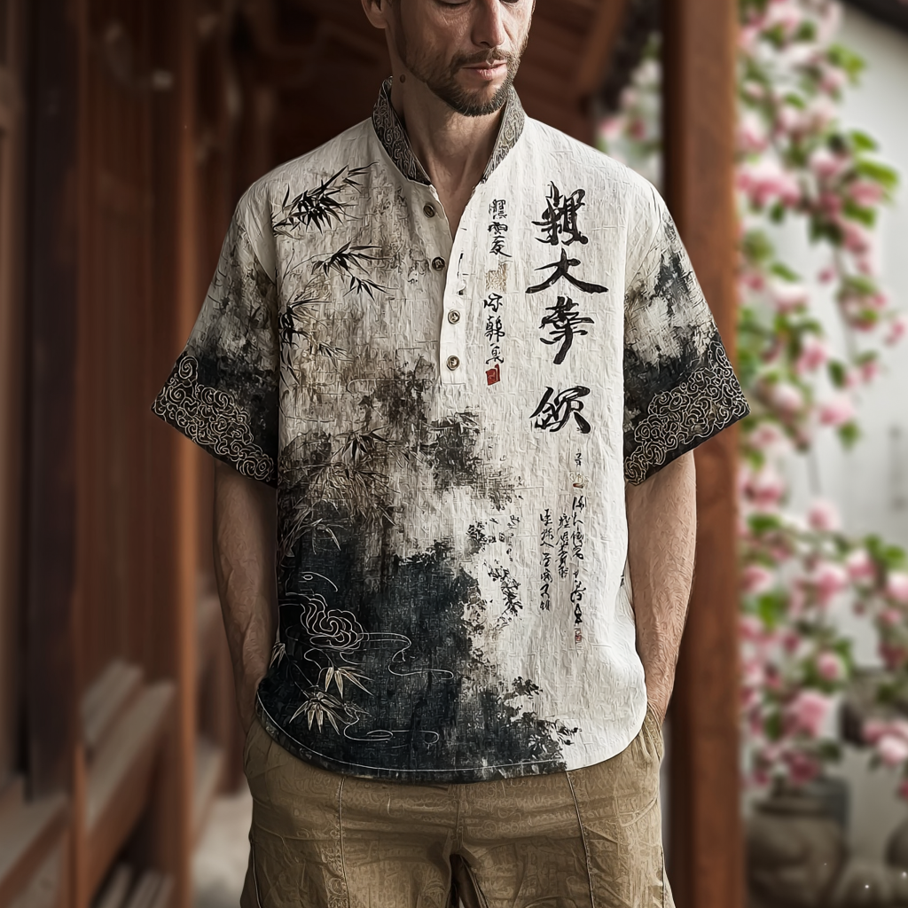 Japanese Art Retro Ink Painting Design Pattern Men's Casual Linen Short-sleeve Shirt elevenforest