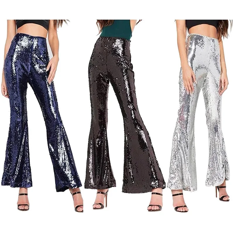 Spring Autumn Women Sexy Shining Sequin Flare Pants Y2k Fashion High Waist Slim Flare Bell Bottom Trousers Glitter Ladies Pants