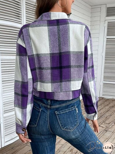 Plaid Button Up Drop Shoulder Cropped Jacket