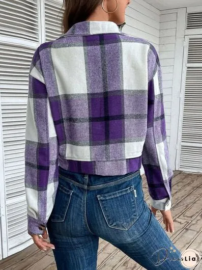 Plaid Button Up Drop Shoulder Cropped Jacket