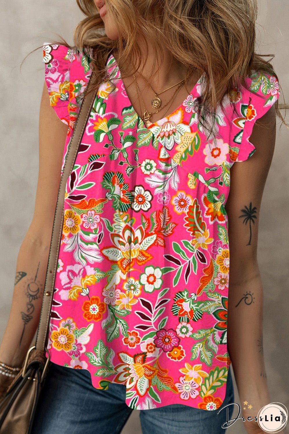 Rose Floral V Neck Ruffle Tank Top