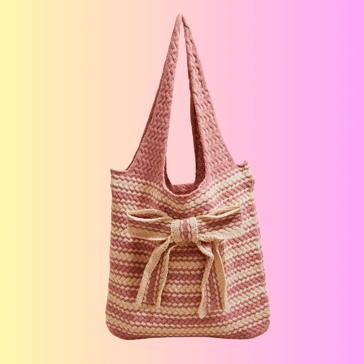 Lulusnow Handmade Pink Bownot Casual Travel Beach Crochet Tote Bag Shoulder Bag 