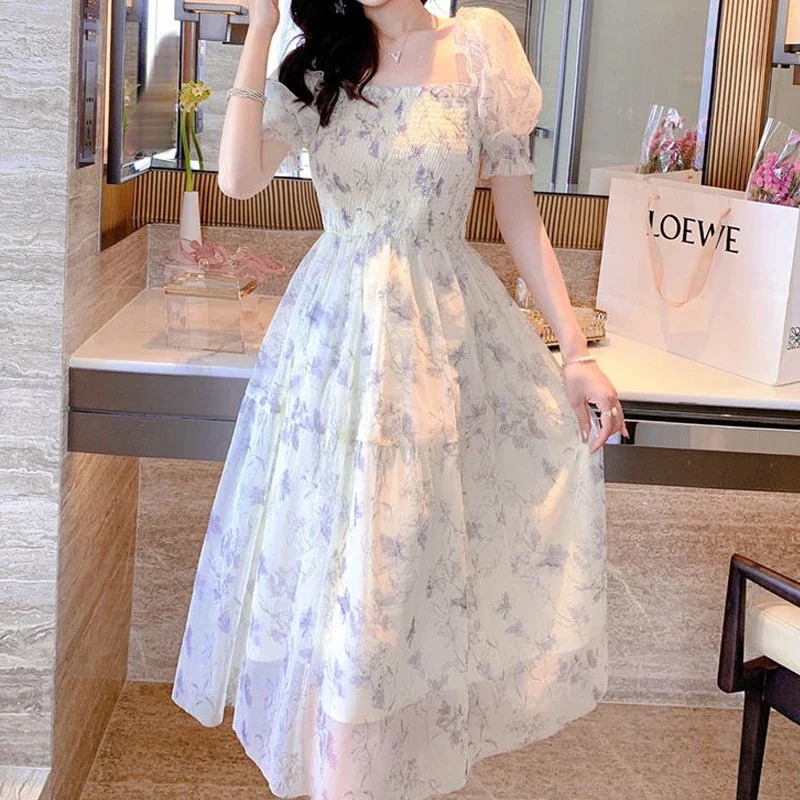 Casual Floral Printed Party Dress Elegant Dress for Women Sweet Short Sleeve Chiffon Long Dresses Summer Clothing Vestidos 20044