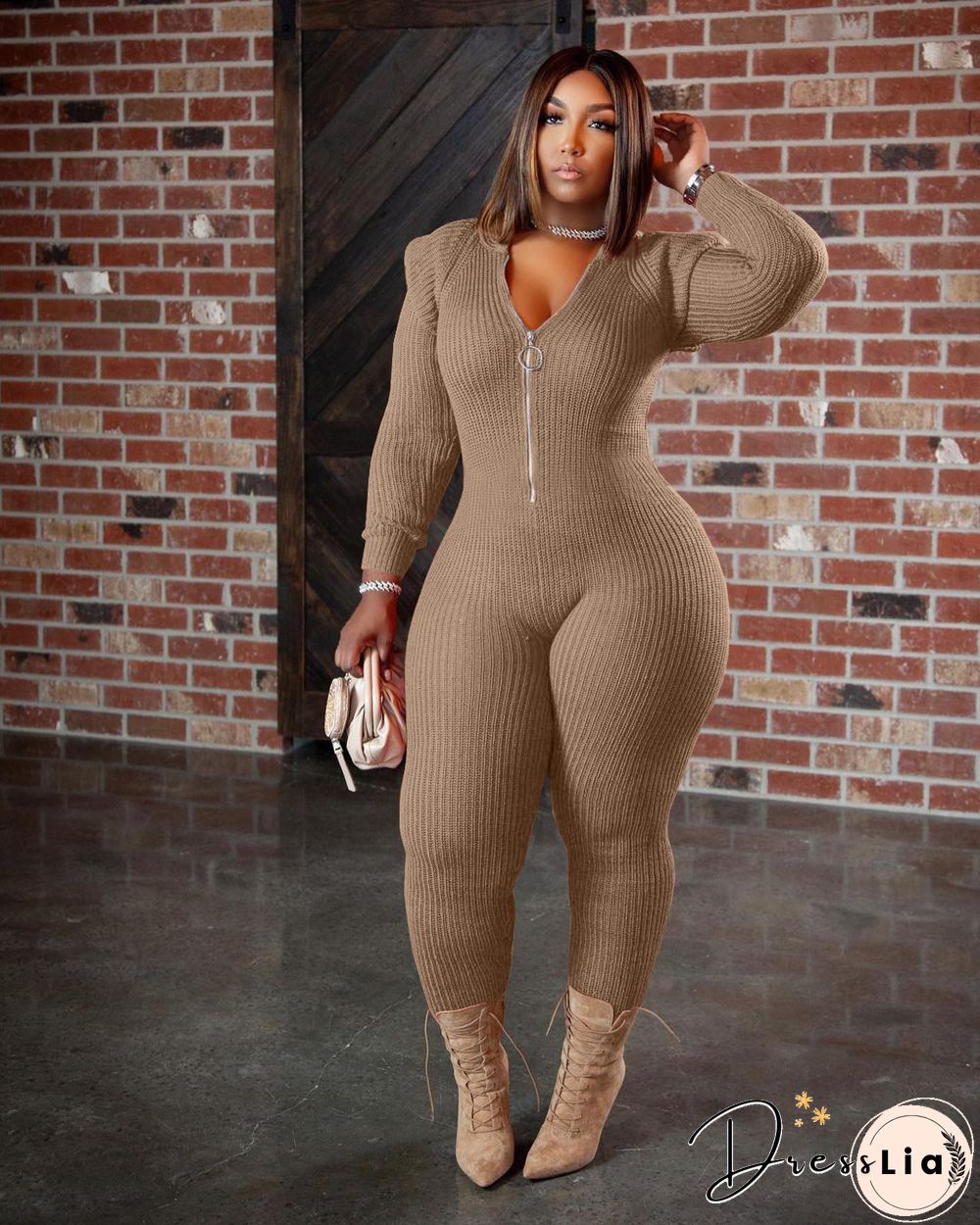 Knitted Long Sleeve Shoulder Padded Hooded Jumpsuit