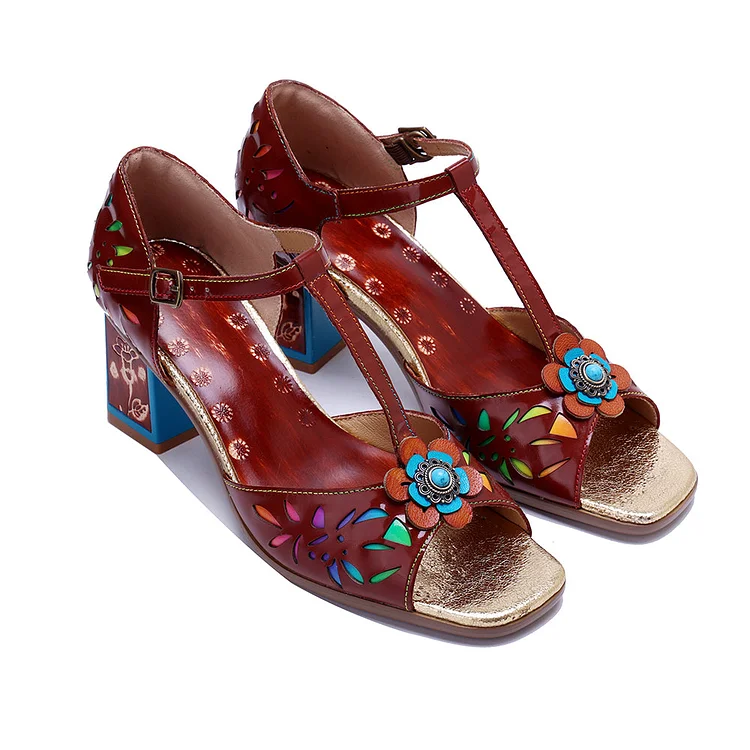 Women's Leather Mary Jane Shoes Sandals Colorful Summer Shoes with Bow Block Heels Pumps