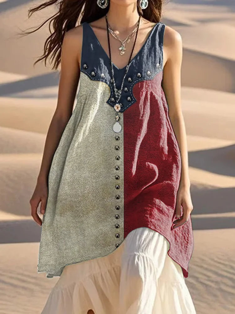 VChics Women's Independence Day Printed Retro Casual V-neck Midi Vest