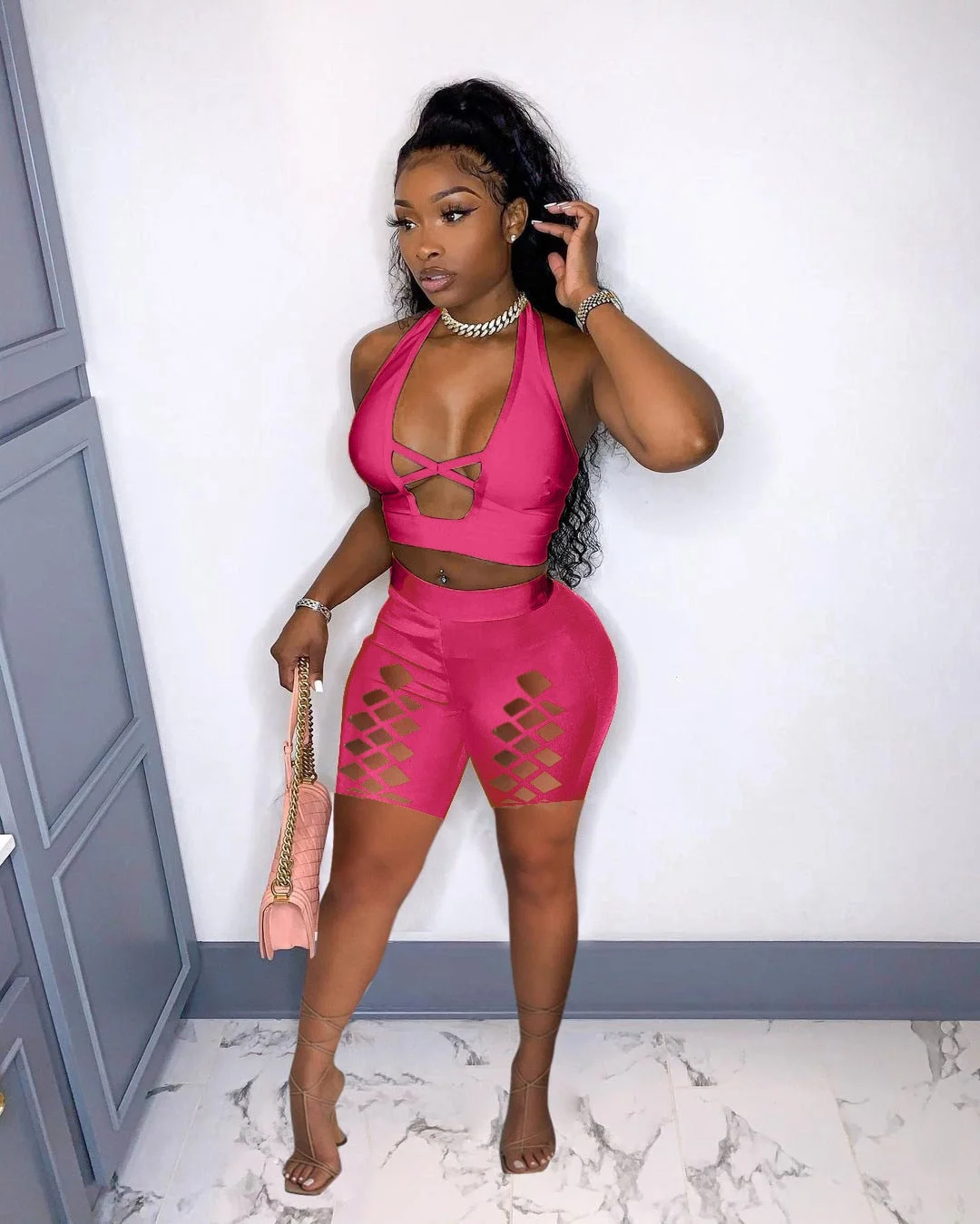 CM.YAYA Women Set Solid Sleeveless Halter Crop Tops Hollow Out Stretchy Shorts Two 2 Piece Sets Sexy Tracksuit Summer Outfits