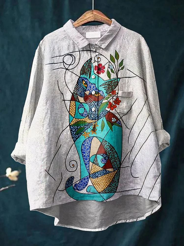 Women's Cat  Art Print Casual Cotton And Linen Shirt