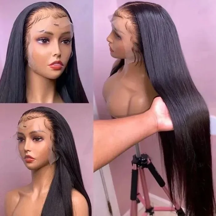 13x4 Straight 100% Human Hair Lace Front Wigs for African American Women Glueless Lace Frontal Wig Pre Plucked with Baby Hair