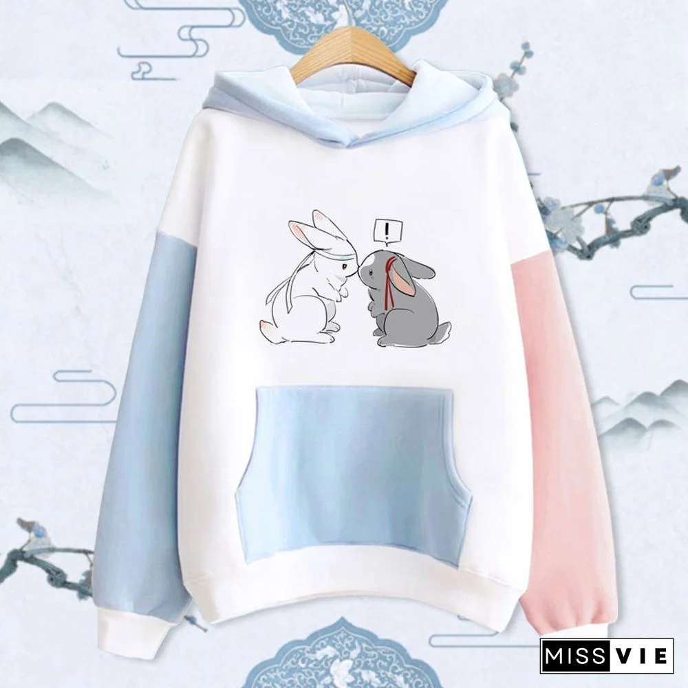 Cute Rabbit Print Pocket Hoodie