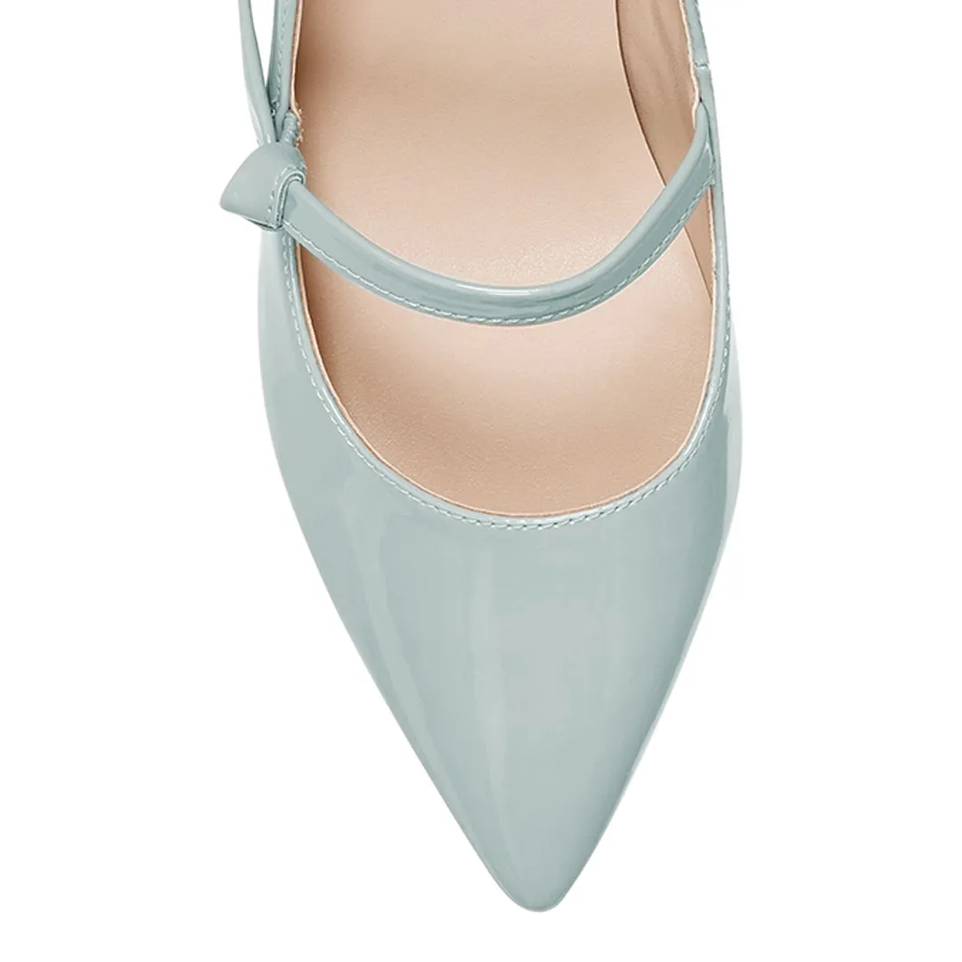 Light Blue Patent Leather Pointed Toe Kitten Heel Mary Jane Pumps