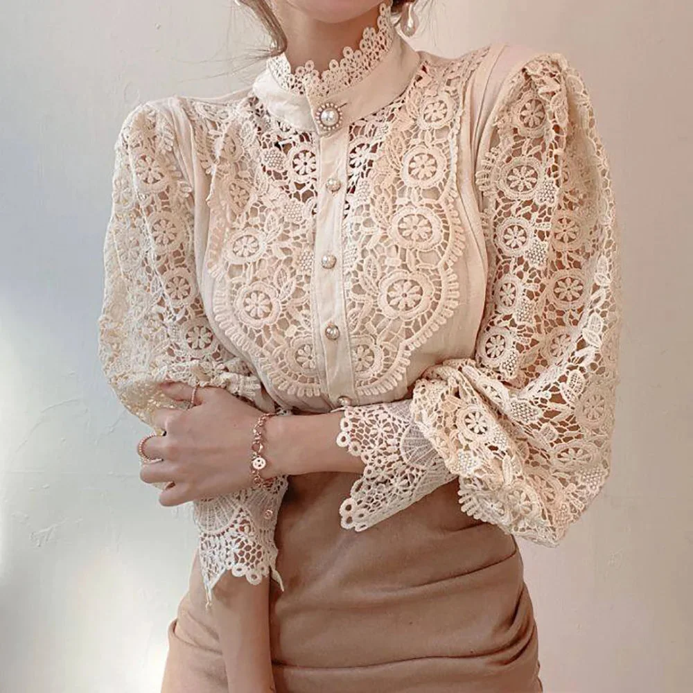 Oocharger Elegant Lace Office Shirt Women's Blouse Long Sleeve Button Up Blouses Tops 2024 Spring Fashion Casual Ladies Shirts Top
