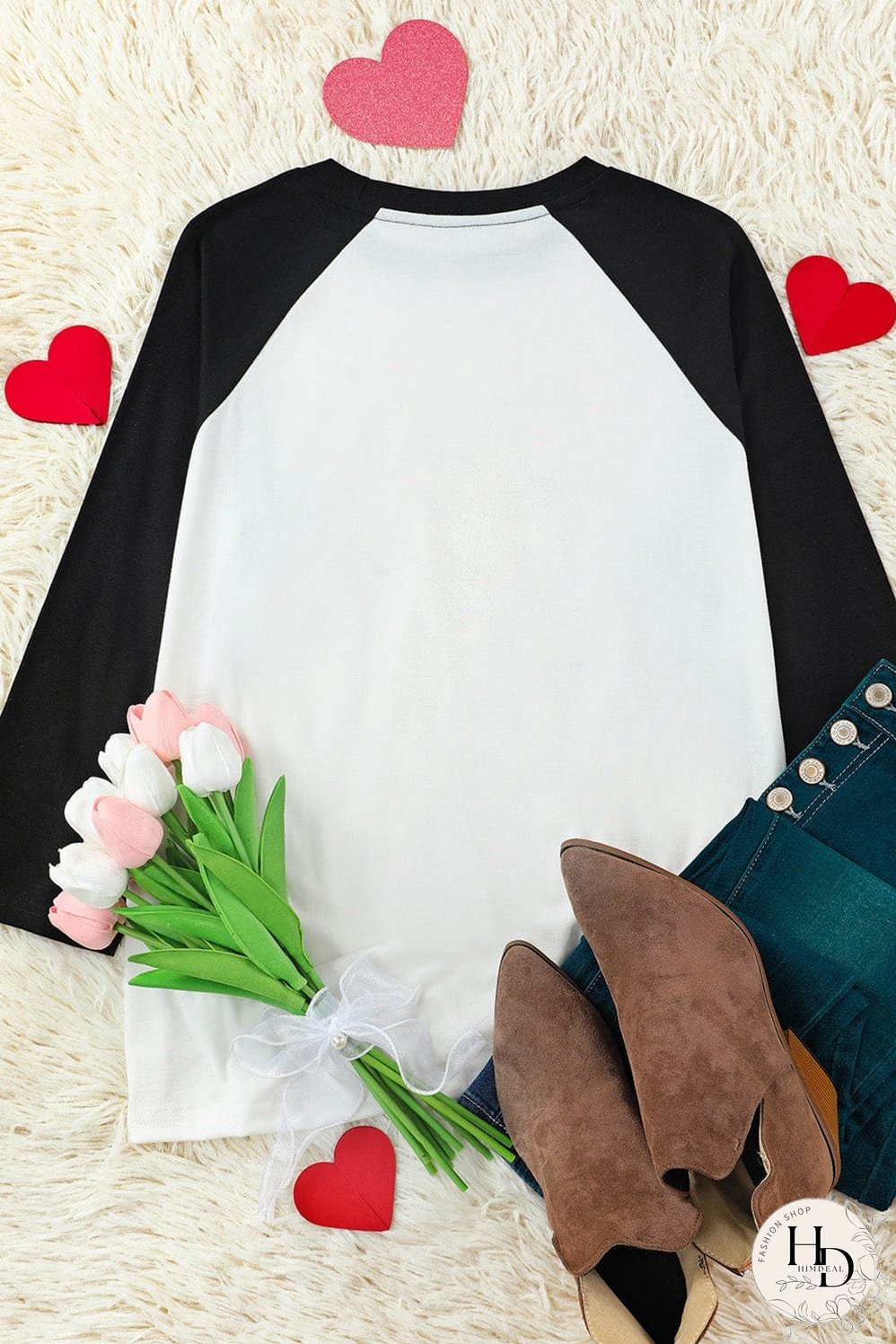 Heartwarming XOXO Patchwork Long Sleeve Tee with Color-Contrasted Sleeves