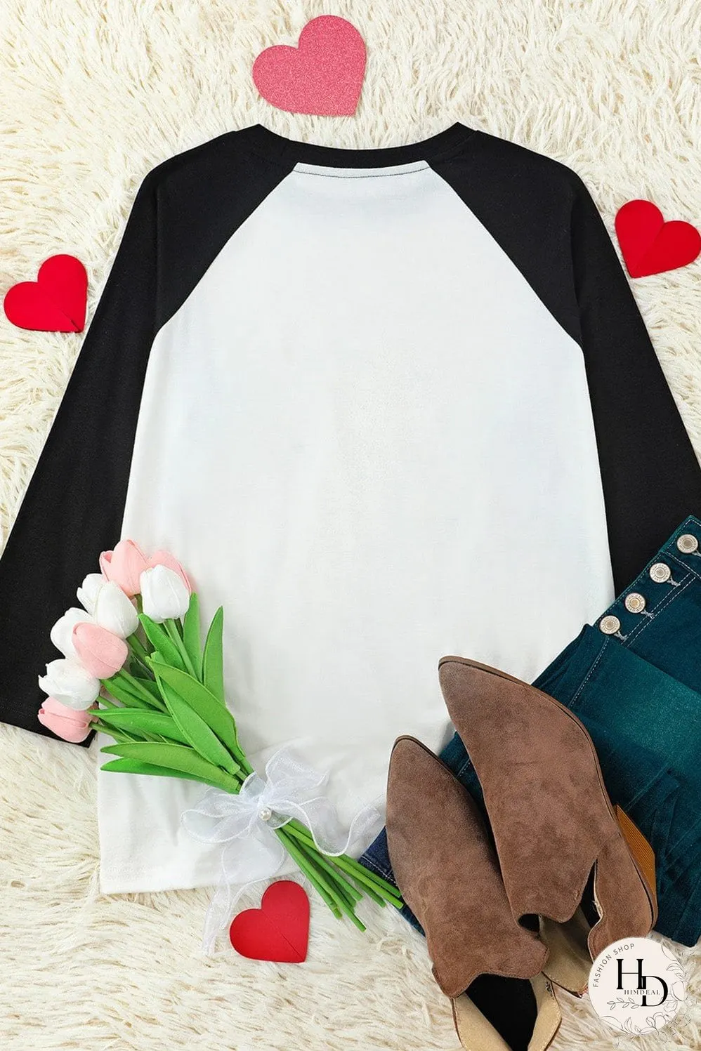 Heartwarming XOXO Patchwork Long Sleeve Tee with Color-Contrasted Sleeves