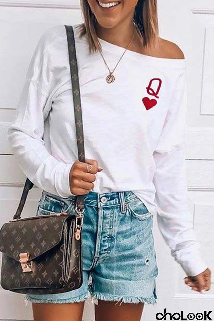 Q Heart Print Long Sleeve T Shirt