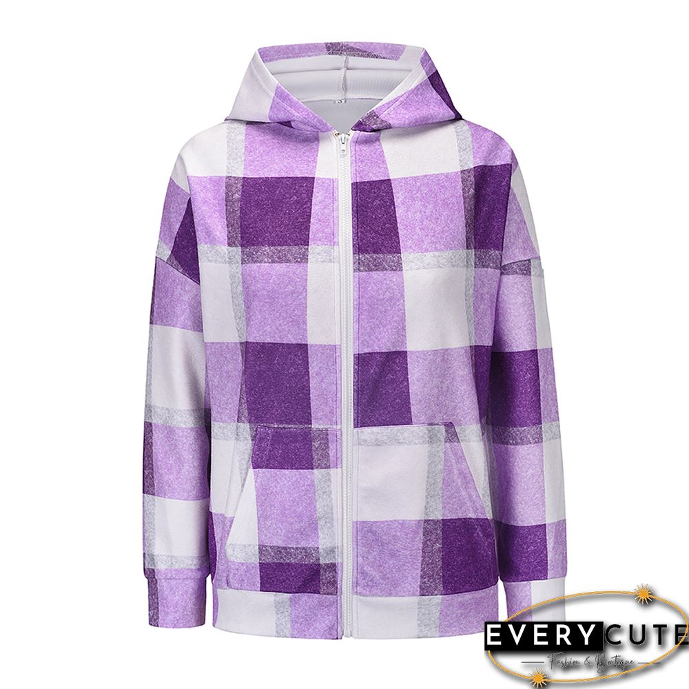 Purple Plaid Print Zipper Hooded Warm Coat