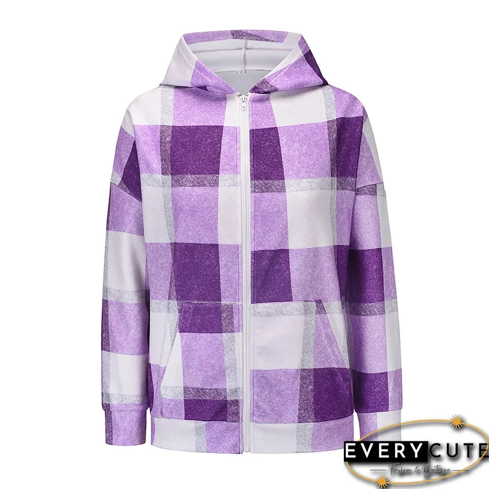 Purple Plaid Print Zipper Hooded Warm Coat