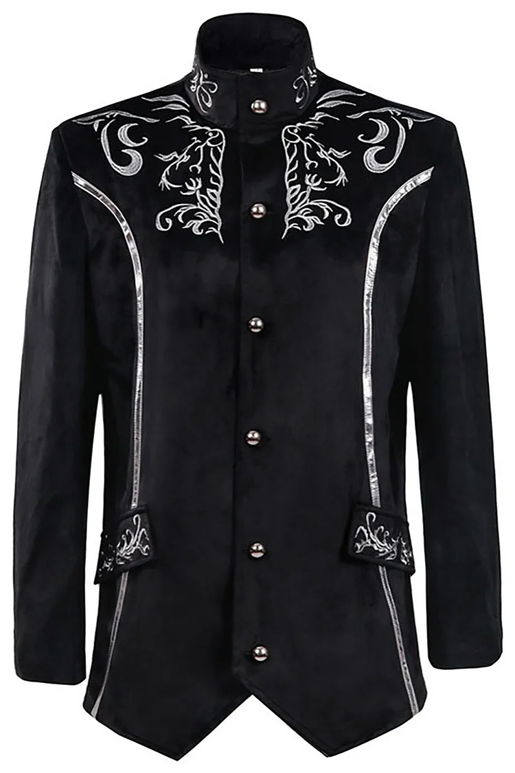 Floral Silver Embroidery Stand-Up Collar Jacket