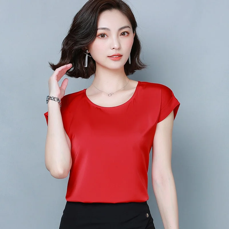 Summer Women Blouse 2022 New Simple Solid Silk Shirts Elegant Women Loose Round Collar Short Sleeve Womens Clothing 9227 50