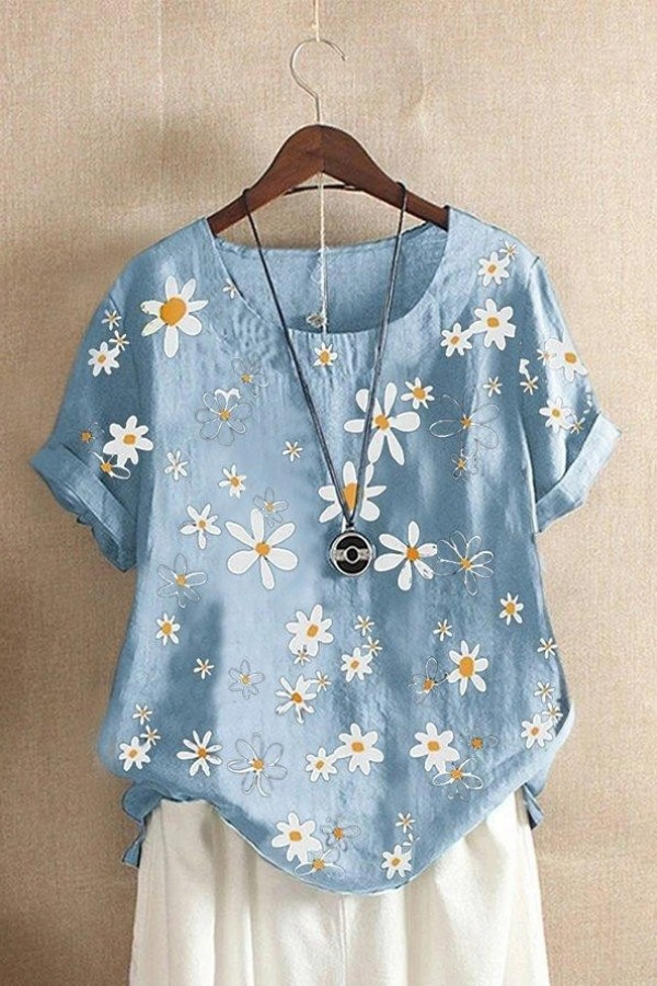 Floral Print Casual Round Neck Short Sleeves T-shirt-nanadresses