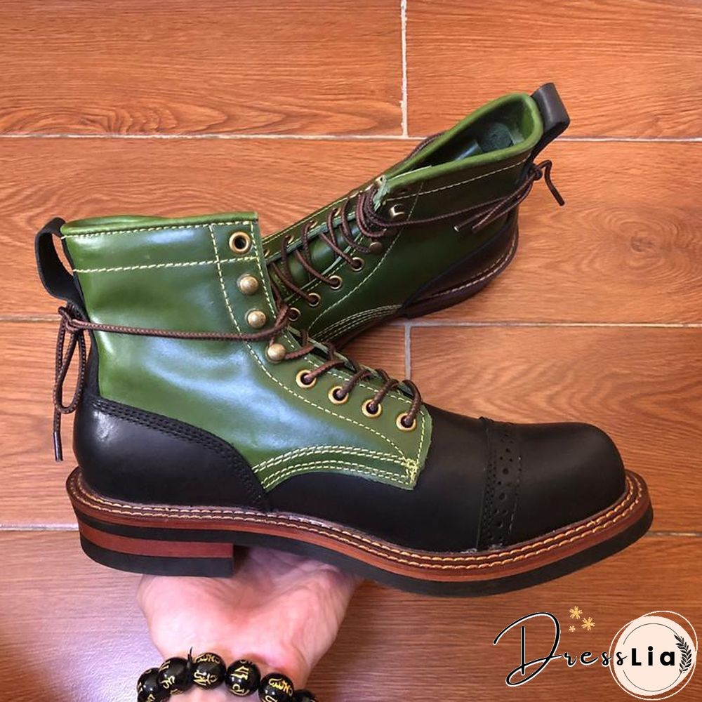 Genuine Genuine Leather Lace-Up Vintage High Quality Tooling White Ankle Boots Motorcycle Boots