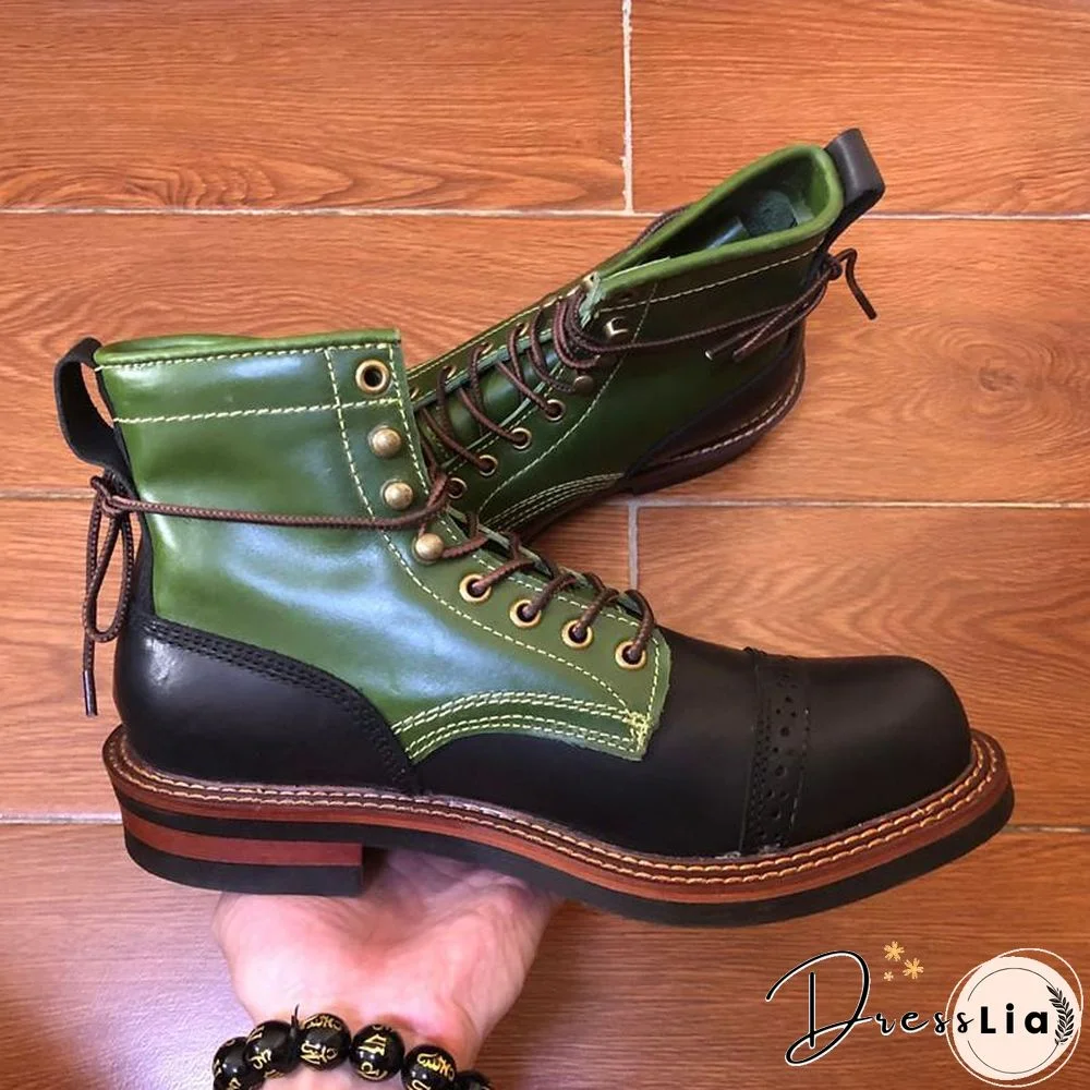 Genuine Genuine Leather Lace-Up Vintage High Quality Tooling White Ankle Boots Motorcycle Boots