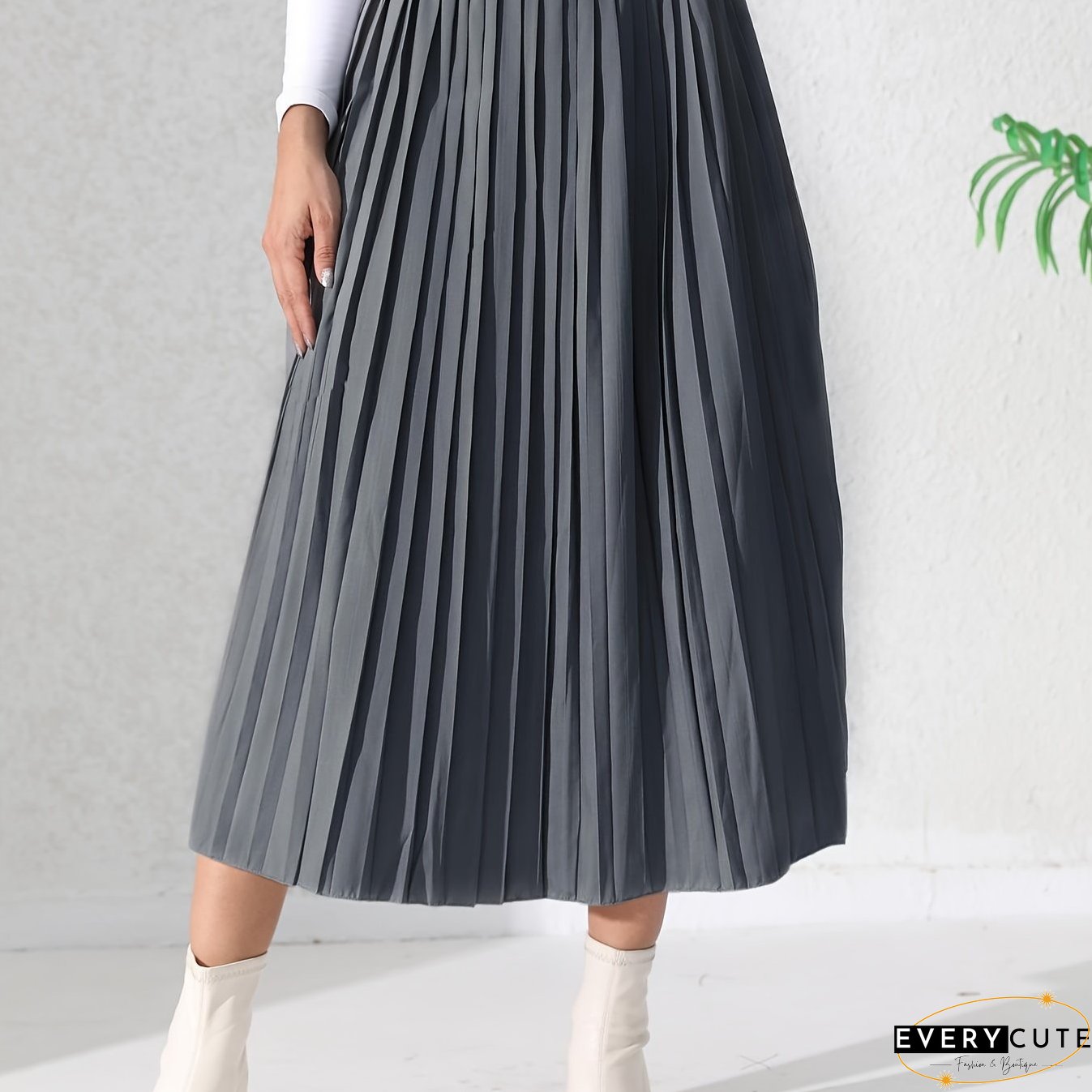 Solid Pleated Skirt, Casual Midi Skirt For Spring & Summer, Women's Clothing