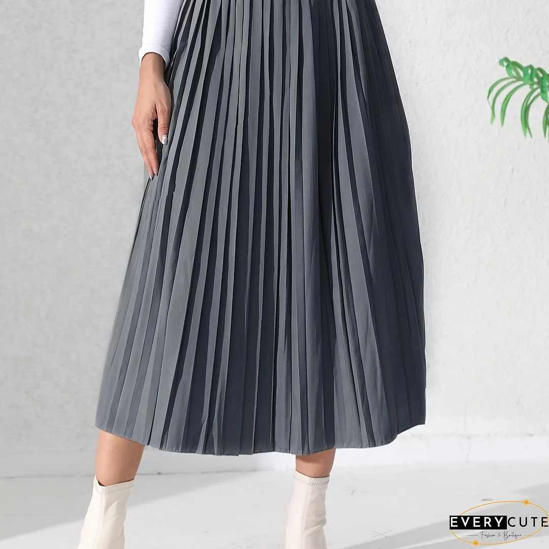 Solid Pleated Skirt, Casual Midi Skirt For Spring & Summer, Women's Clothing