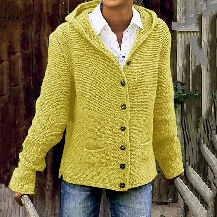 Vintage Double Pocket Hooded Solid Sweater Cardigan