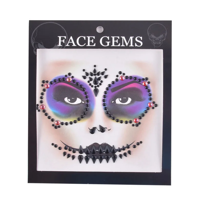 3D Gem Face Sticker Ghost Skull Face with Diamond Decoration Fashion Sexy Face Stickers Prom Holiday Party Face Decoration