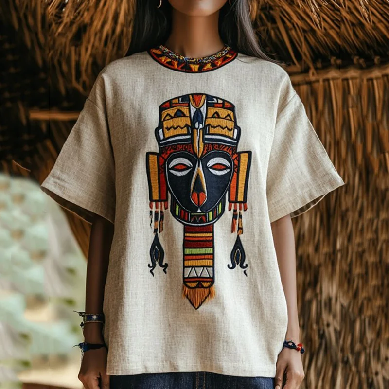 Women's African Tribal Mask And Ethnic Pattern T-shirt