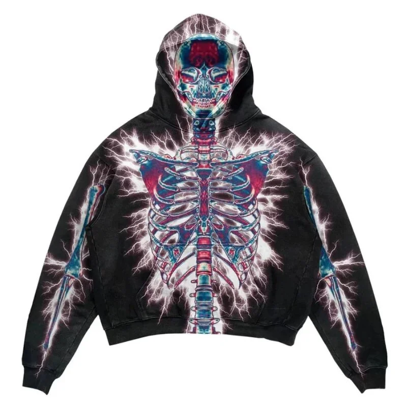 Brownm New European and American Men Casual Sweater Street Fashion Brand YK2 Skull 3D Digital Print Couple Hooded Sweater