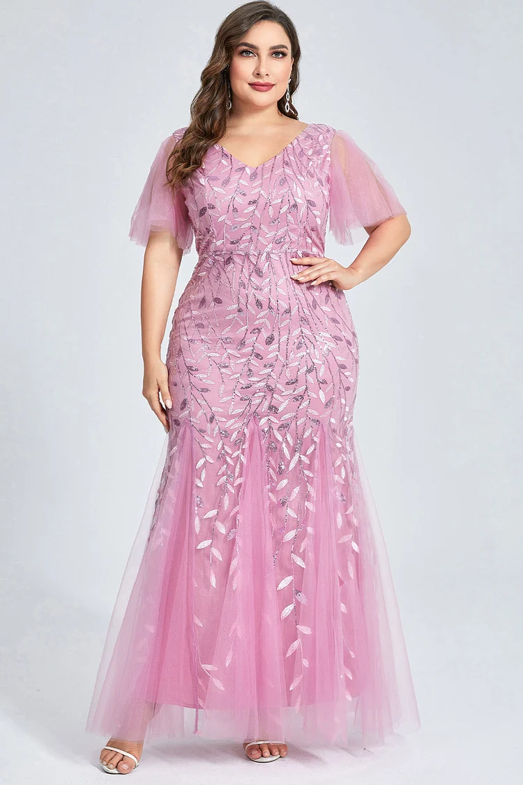 Flycurvy Plus Size Formal Pink Mesh Leaf Sequin Bodycon Tunic Maxi Dress  Flycurvy [product_label]