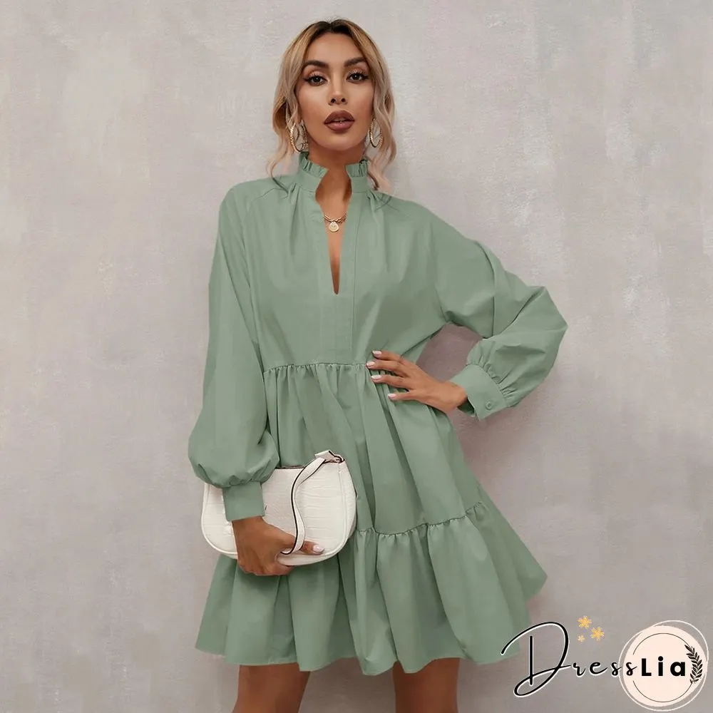 Pleated Skirt Solid V-neck Lantern Dress