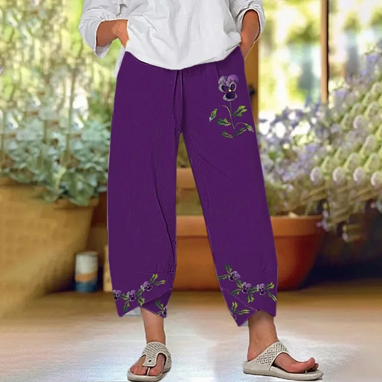 VChics Women‘s Purple Floral Pansy Pocket  Linen Blend Pants