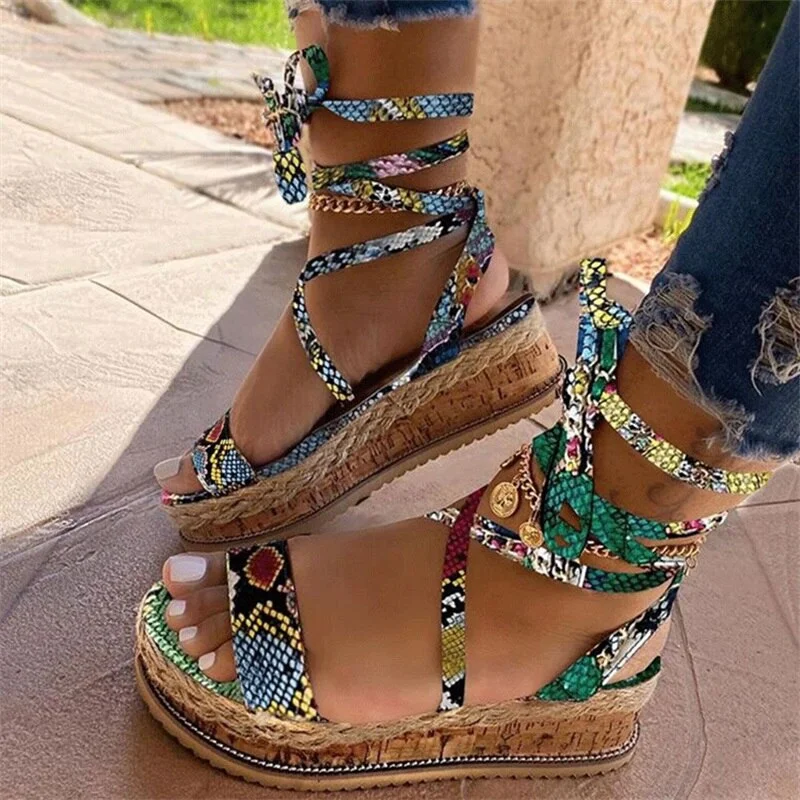 2020 New  Women Platform Sandals Fashion Snakeskin Buckle Strap Mid Heel Shoes Wedding Party Dress Female Sandals Shoes 35-43