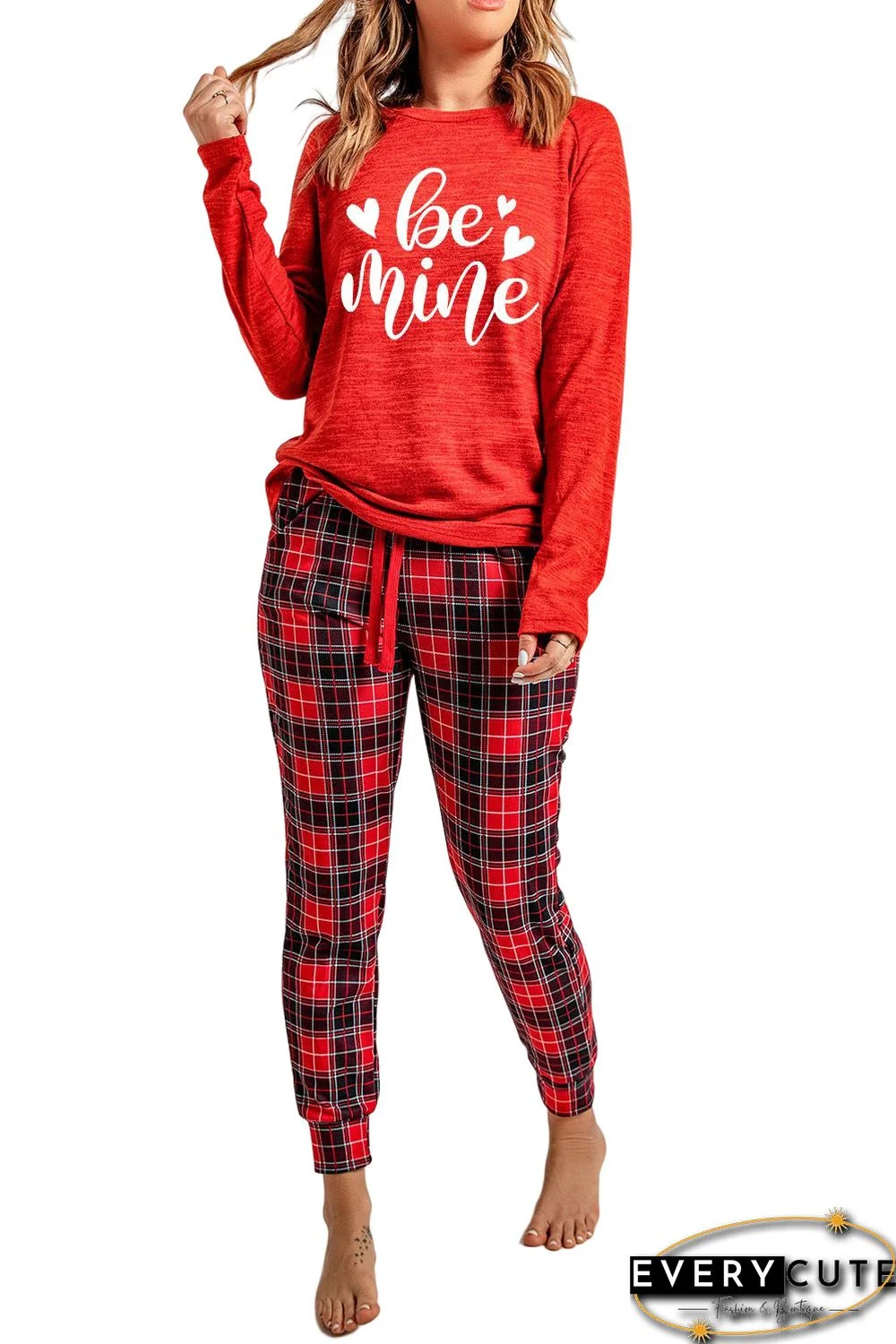 Red Heart Letter Print Long Sleeve Top and Plaid Pants Loungewear