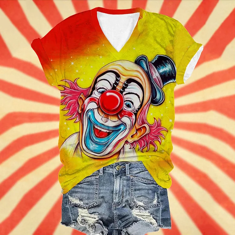 KÖLner Karneval Clown Print Lässiges Kurzarm-T-Shirt mit V-Ausschnitt