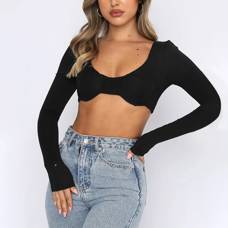 wsevypo Women Sexy Crop Tops Solid Color Low Cut Long Sleeve T-shirt Fashion Backless Slim Fit Pullover Tops Club Streetwear