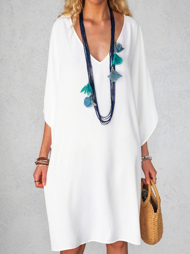 Solid Mini Dress Summer Plus Size 3/4 Sleeve V Neck Dresses Zaesvini