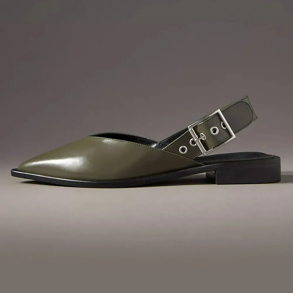 Classic Olive Vegan Leather Slingback Pointed Toe Flats with Buckle
