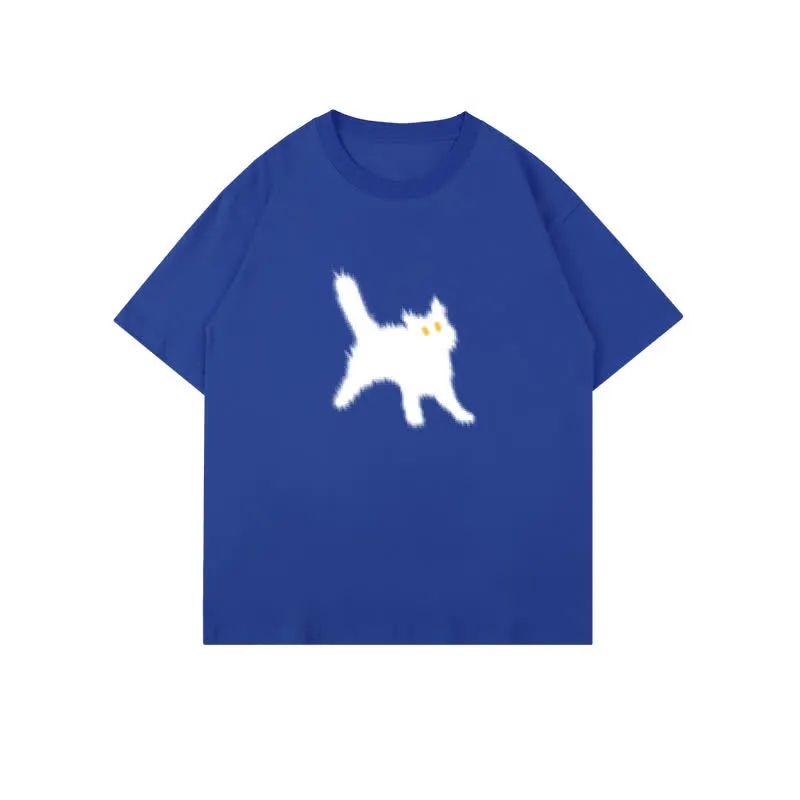 Cartoon Cat Print Round Collar Oversized T-Shirt