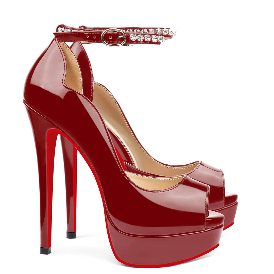 150mm Red Bottom Stiletto Party High Heel Open Toe Platform Diamond Strap Pumps-vocosishoes