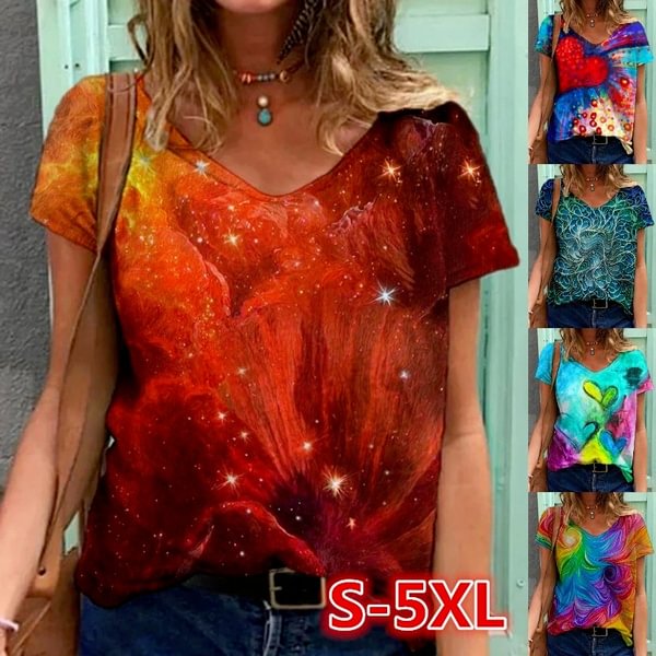 Casual Short Sleeve V-Neck Cotton Tops Plus Size S-5XL Shirts Summer Women Fashion Graffiti Pattern Printed T-Shirts - Shop Trendy Women's Fashion | TeeYours