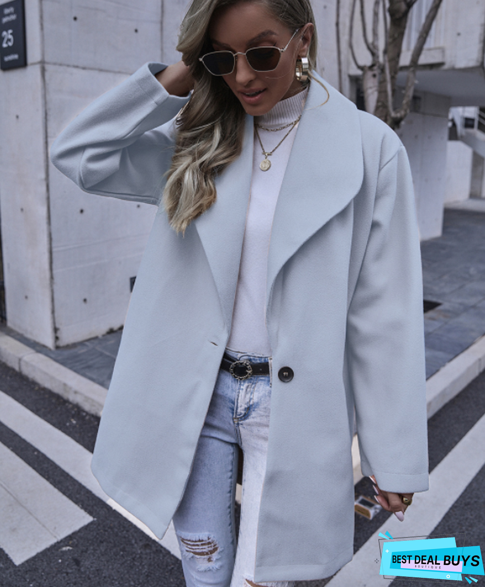 Solid Color Double Pocket Loose Woolen Coat