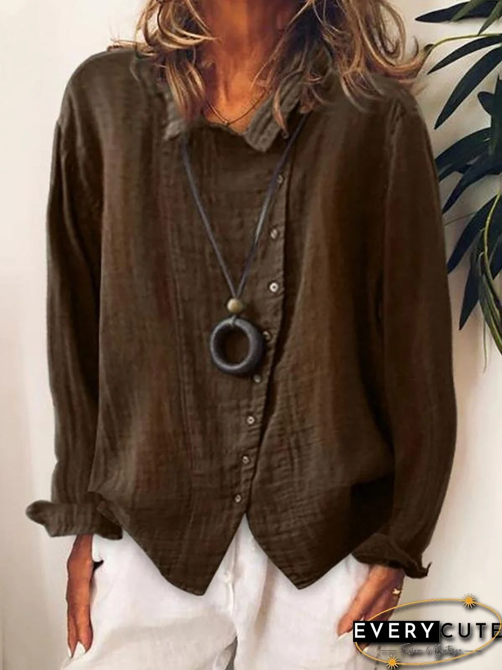 Loose Solid Buttons Long Sleeves Blouses